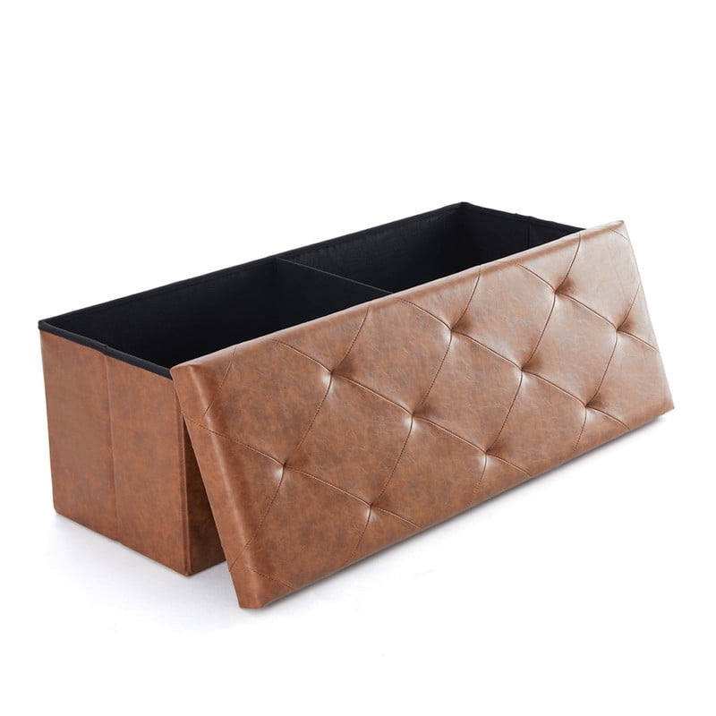 Kelno 43" Foldable Storage Ottoman Bench Faux Leather Footrest Stool with Foam Padded Seat, Brown