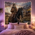thumbnail image 2 of Lynx Cowboy on Horse in Mountain Valley by Cabin, Adventurous Surreal Art for Wildlife Fans, Western Decor, New Home Gift, Tapestry Wall Hanging for Den and Living Room, 2 of 7