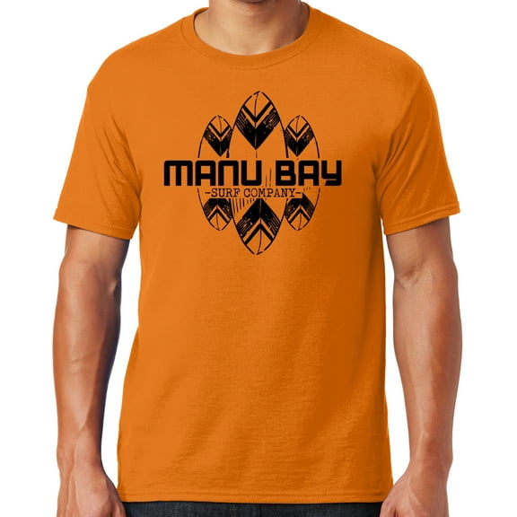 Mens Manu Bay Surf Company BLACK SURFBOARDS T-shirt, Small Tennessee Orange