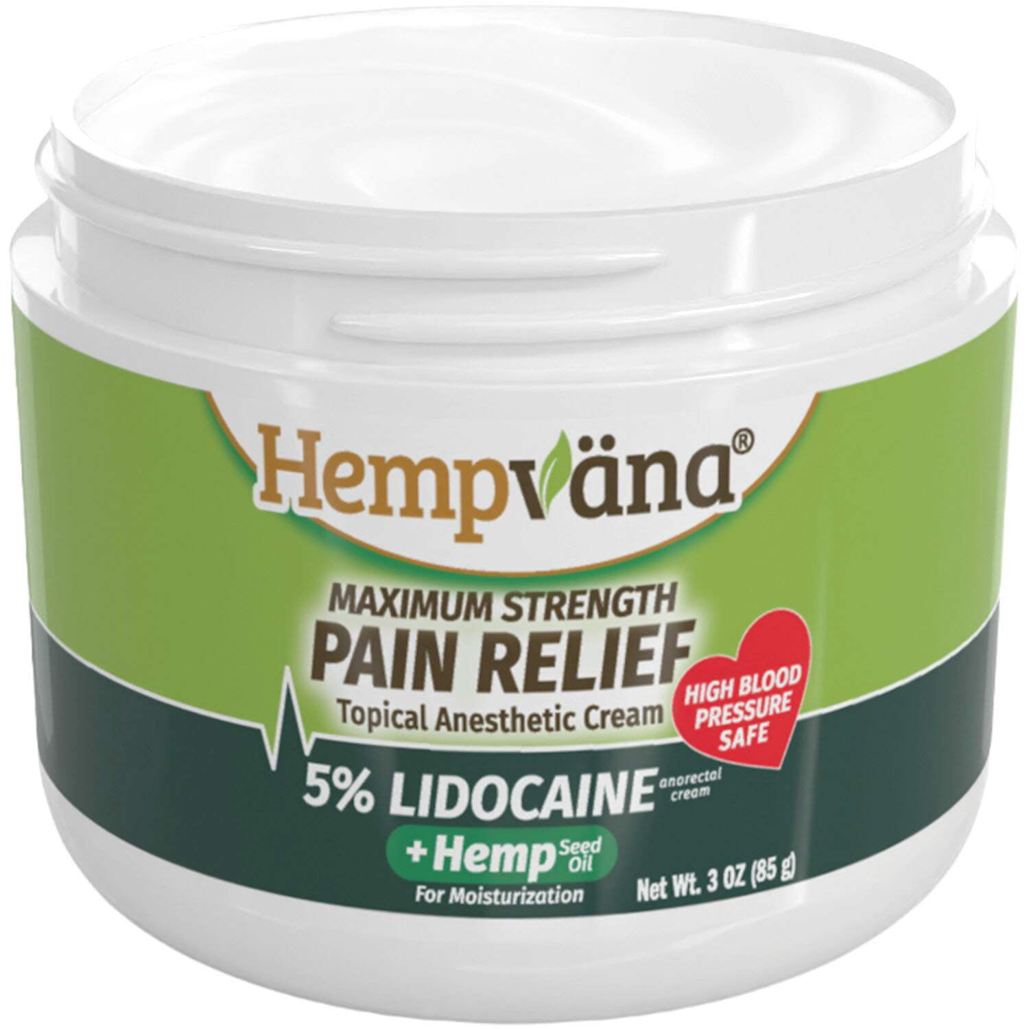 Hempvana Lidocaine 5% Relief Cream, for Anorectal Relief, Enriched with Hemp Seed Oil, 3-oz Jar