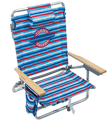 Tommy Bahama 5-Position Classic Lay Flat Folding Backpack Beach Chair, Red,  White, and Blue Stripe