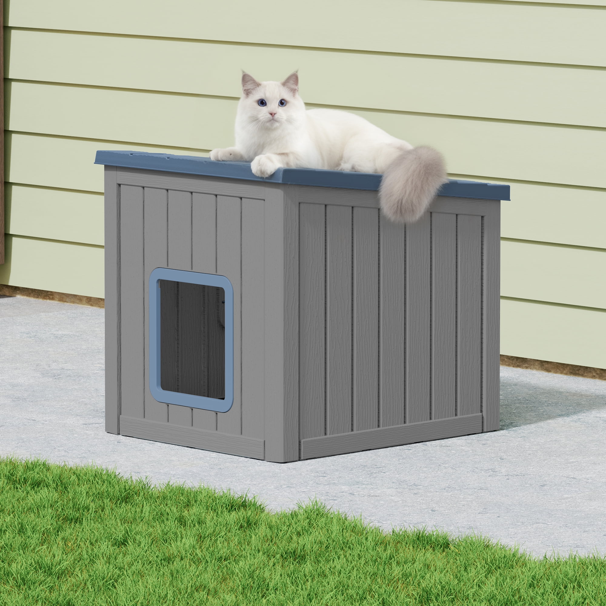 LHBcraft Outdoor Cat House,Durable Insulated PP Shelter for Feral Kittens,Weatherproof Shelter for Garden,Gray & Blue
