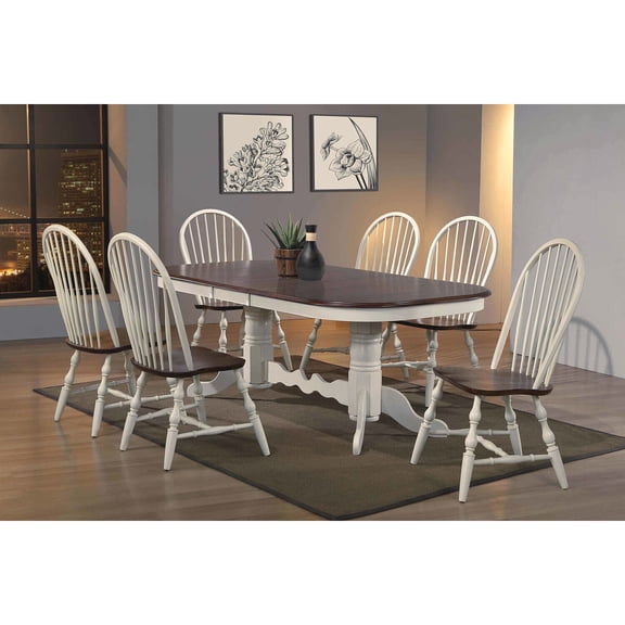 HomeStock Art Deco Dreams 7 Piece 96" Oval Double Pedestal Extendable Dining Set, Butterfly Leaf Table , Antique White And Chestnut Brown , Seats 10
