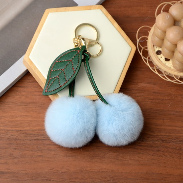 Faux Rabbit Fur Cherry Pendant Keychain Car Rearview Mirror Charm for Women Bags and Couples Gifts
