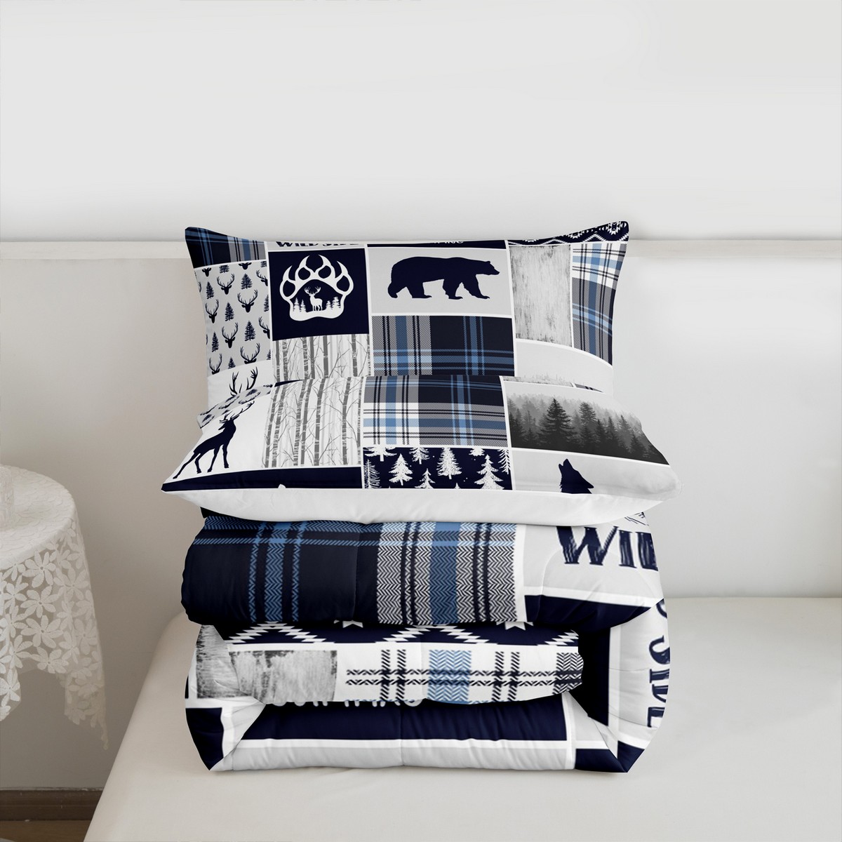 Deer Bear Comforter Set Twin Size,Wolf Hunting Adventure Rustic Bedding Set Adults Room Decor,Geometric Plaids Patchwork Down Comforter,Blue Xmas Duvet Insert