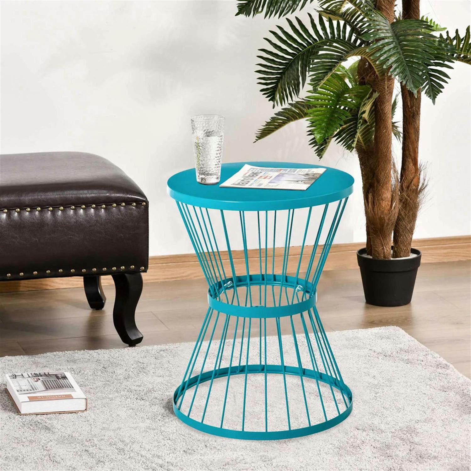 Demi Bonn 15" Steel Outdoor Side Table, Hourglass Design End Table for Patio & Indoor Use, Garden Accent Table, Blue