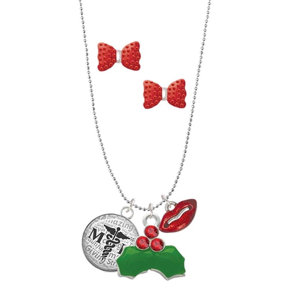 Delight Jewelry Silvertone Domed Black MD Christmas Kiss Charm Necklace and Stud Earrings