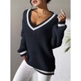 thumbnail image 3 of Women Teen Baggy Fashion Striped Long Sleeve Knit Tops Fall Winter Vneck Pullover Preppy Clothes Hidden Blue XL, 3 of 6