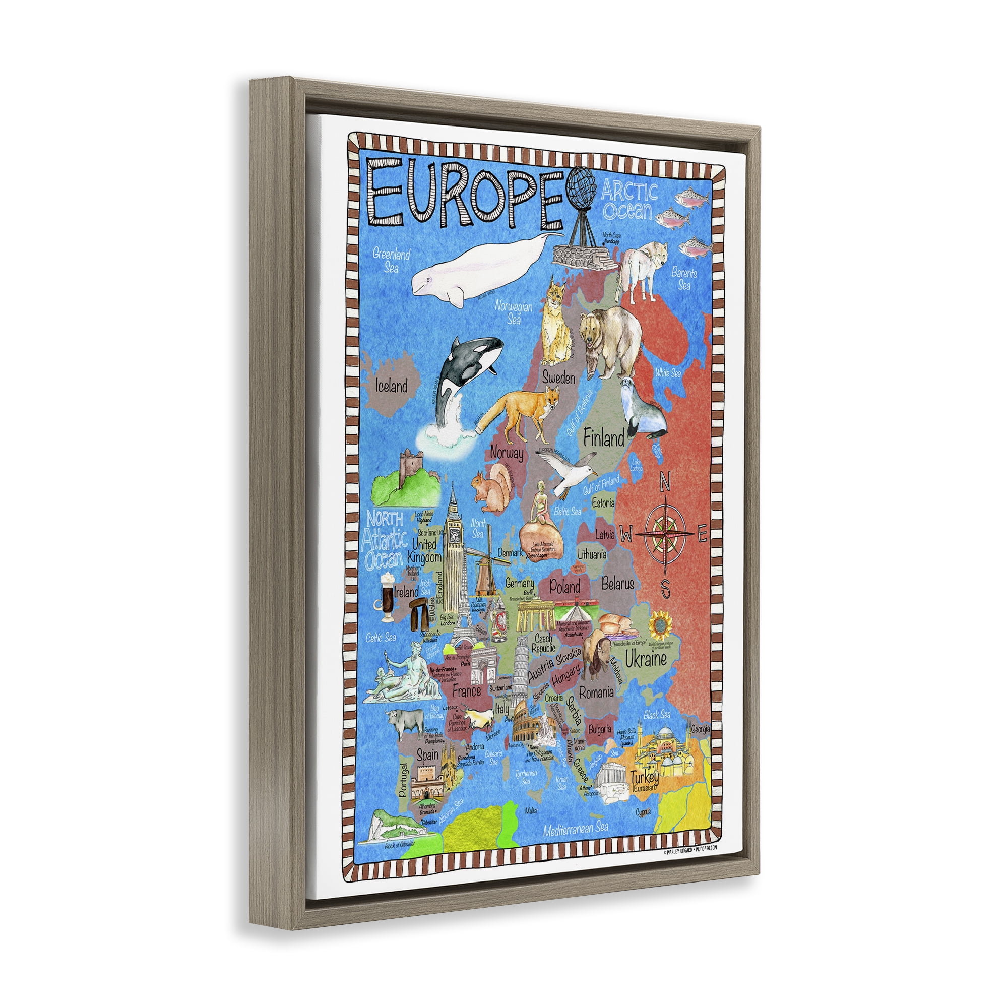 Stupell Industries Europe Animal Map Town & City Painting Brown Floater Framed Art Print Wall Art, 25 x 31