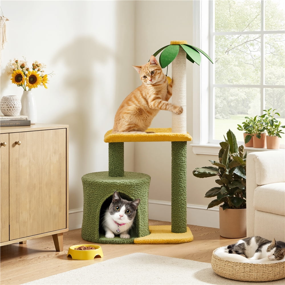 Yaheetech 37.1" Tall Coconut Palm Cat Tree with Large Condo and Scratching Post, Green/Yellow