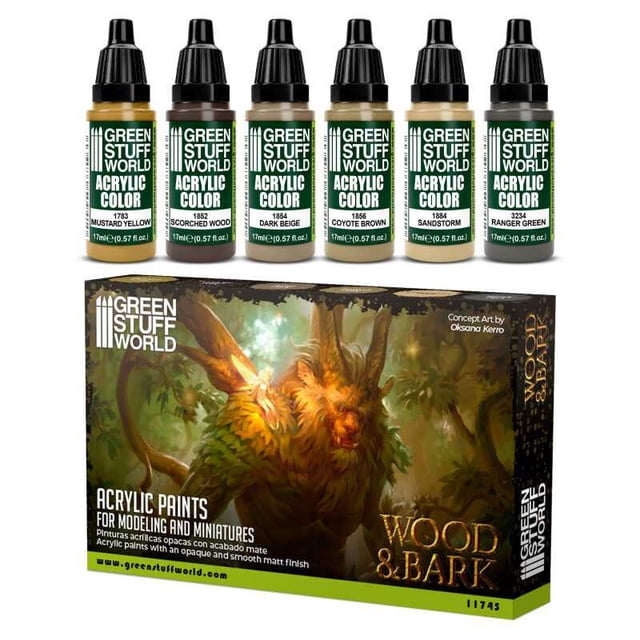 Green Stuff World Wood & Bark Acrylic Paint Set, 6x17ml Bottles for Miniatures