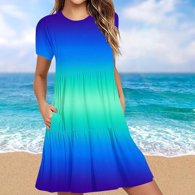 LOVZFMLL Robe T-Shirt d'Été Décontractée à Manches Courtes pour Femme, Robe Mini à Étages avec Poches, Bleu, P