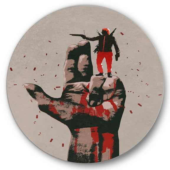 Designart 'Gun Hand Sign With Man Shooting Gun' Modern Circle Metal Wall Art 36x36 - Disc of 36