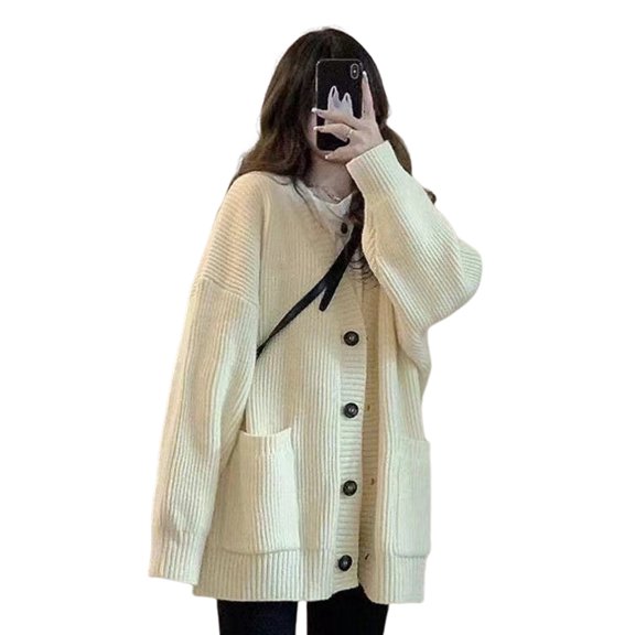 Women Sweater Coat V-Neck Long Sleeve Solid Color Knitting Coat with Large Pockets Mid-Length Loose Fit Sweater Cardigan
