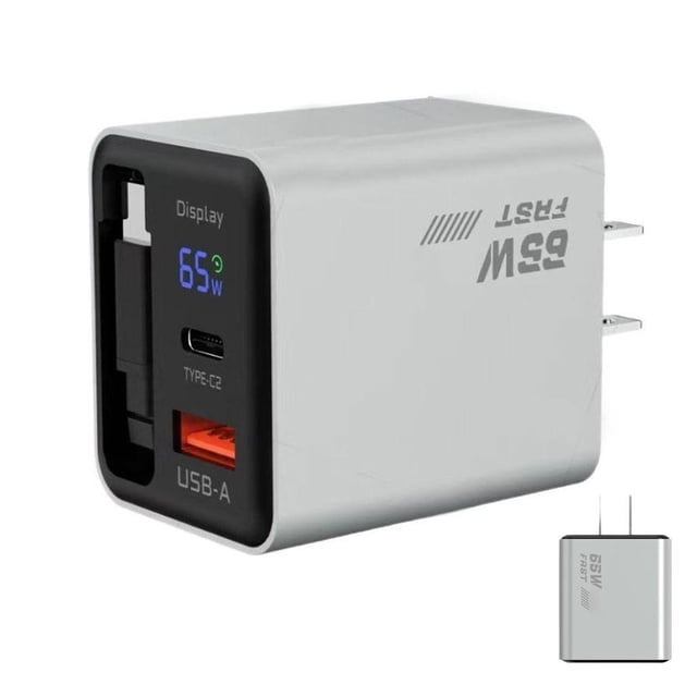 Universal 65W Extendable GaN Charger with Digital Display, US EU UK Plug, Fast Charging for iPhone Phones & Tablets, Compact Travel Adapter in White, Yellow, Silver, Black