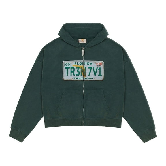 XIAONU Mens Hoodies Retro Letter Print Long-Sleeve Hooded Zip-Up Jacket Short Loose Trendy Hooded Sweatshirt