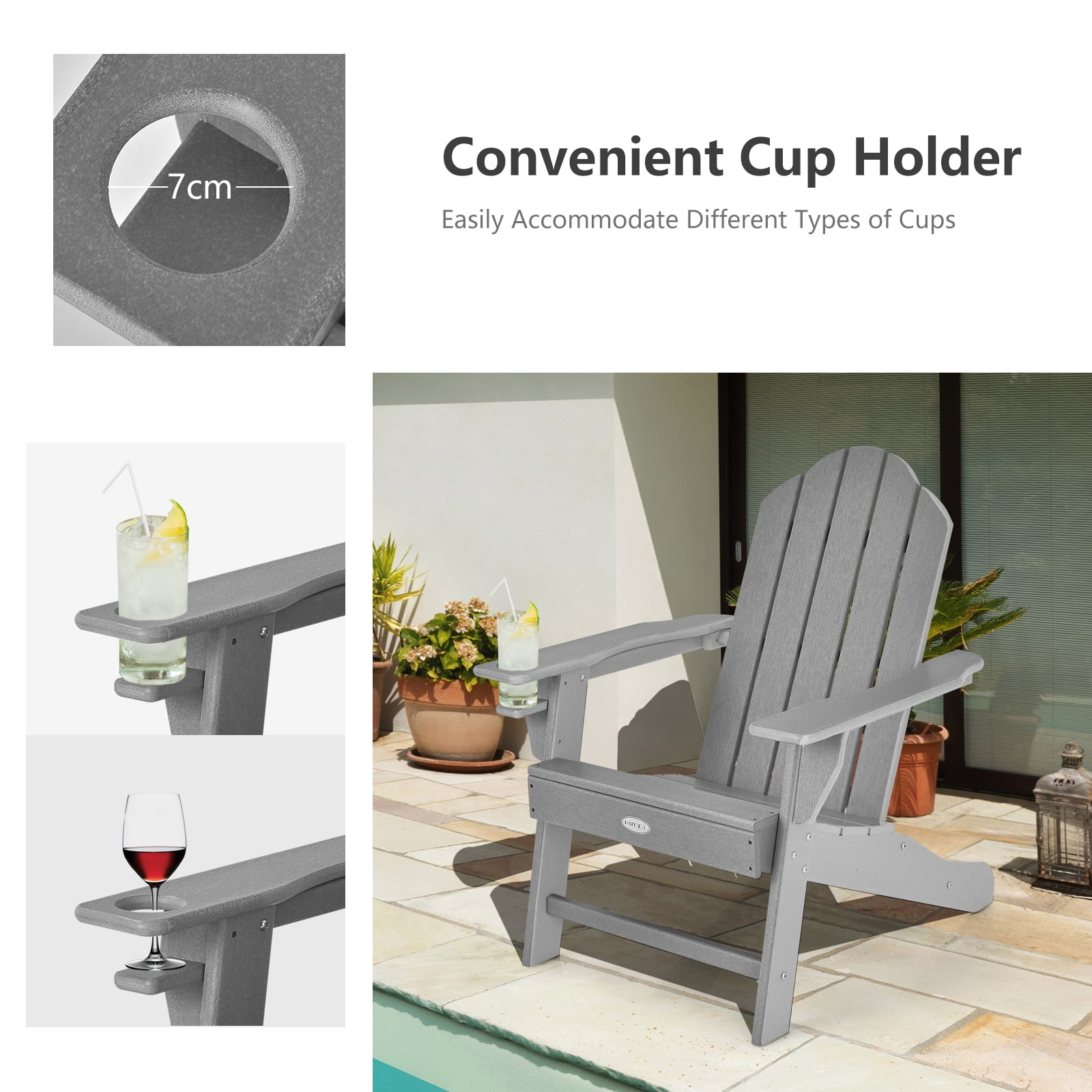 Patiojoy 2PCS Adirondack Chair Outdoor with Cup Holde Weather Resistant Lounger Chair for Backyard Garden Patio and Deck Grey