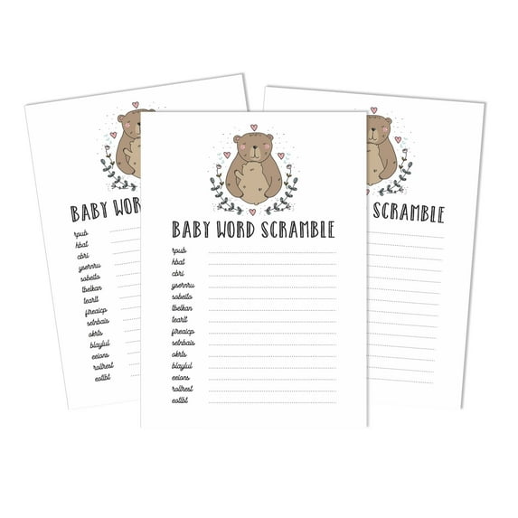 Inkdotpot Set Of 50 Baby ShowerWord ScrambleGame Cards Gender Neutral Bear Animal Party Supplies-Fun Baby Shower Game Favors