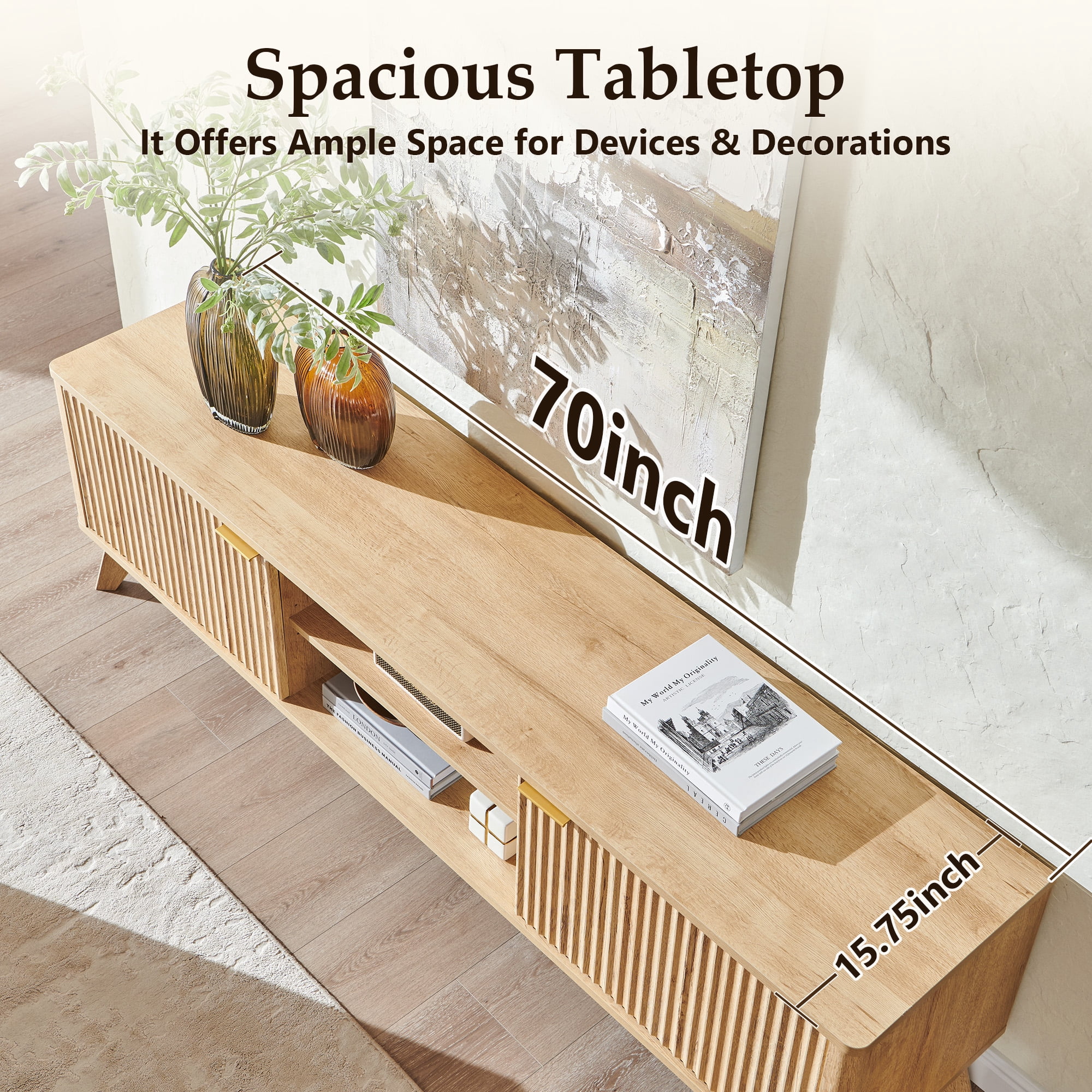 KeyWhat 70" TV Stand with 2 Soft Close Door, Modern Entertainment Center Console Table, Media Furniture for Living Room, Natural Oak
