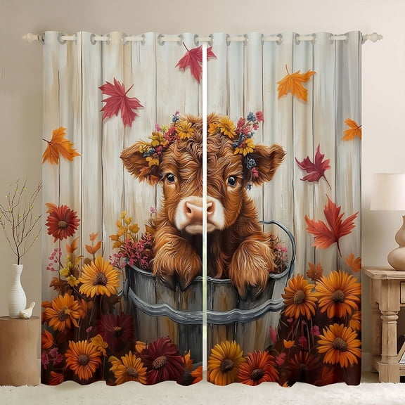 Castle Fairy Cartoon Highland Cow Black Out Curtains for Kids Teens Adults,Chic Flowers Vintage Cabin Curtains Pack of 2 (42x63 Each),Rustic Farmhouse Animal Bedroom Curtains,Breathable Home Decor