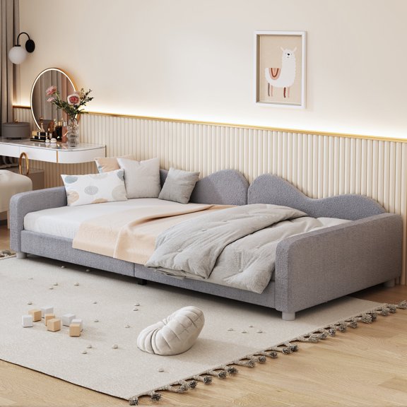 Sofa Beds Twin size Upholstered Daybed, Sherpa Fabric Sofabed with Cloud-Shaped Backrest, No Box-spring Needed, Gray(Old SKU: WF532068AAE),Sleeper Sofa