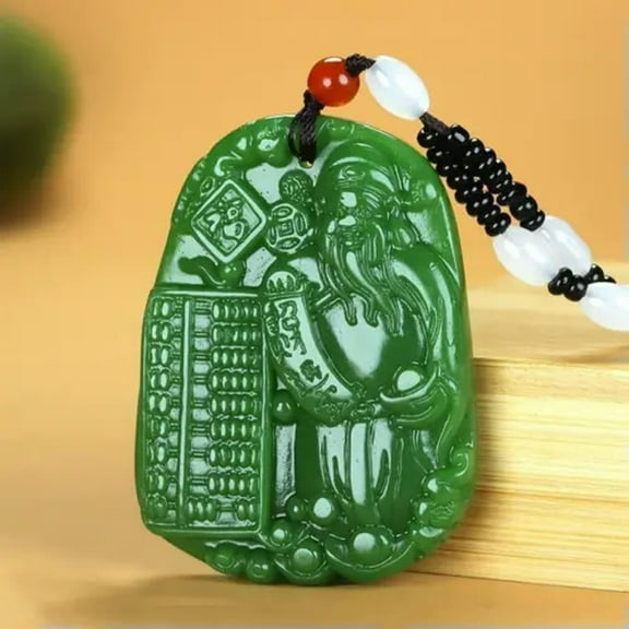 K-KED Jade God of Wealth Pendant Necklace Natural Green Delicate Jewelry Vintage Chinese Men