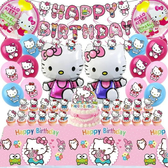 Birthday Party Supplies Set with Kitty White Themed, Including Happy Birthday Banners,Hanging Swiris,Cupcake Toppers,Balloons,Tablecloth,Party Decor Kit.