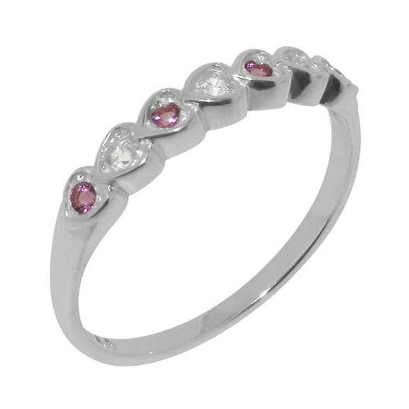 LBG British Made 925 Sterling Silver Natural Diamond & Pink Tourmaline Womens Eternity Ring - 33 size options - Size 10
