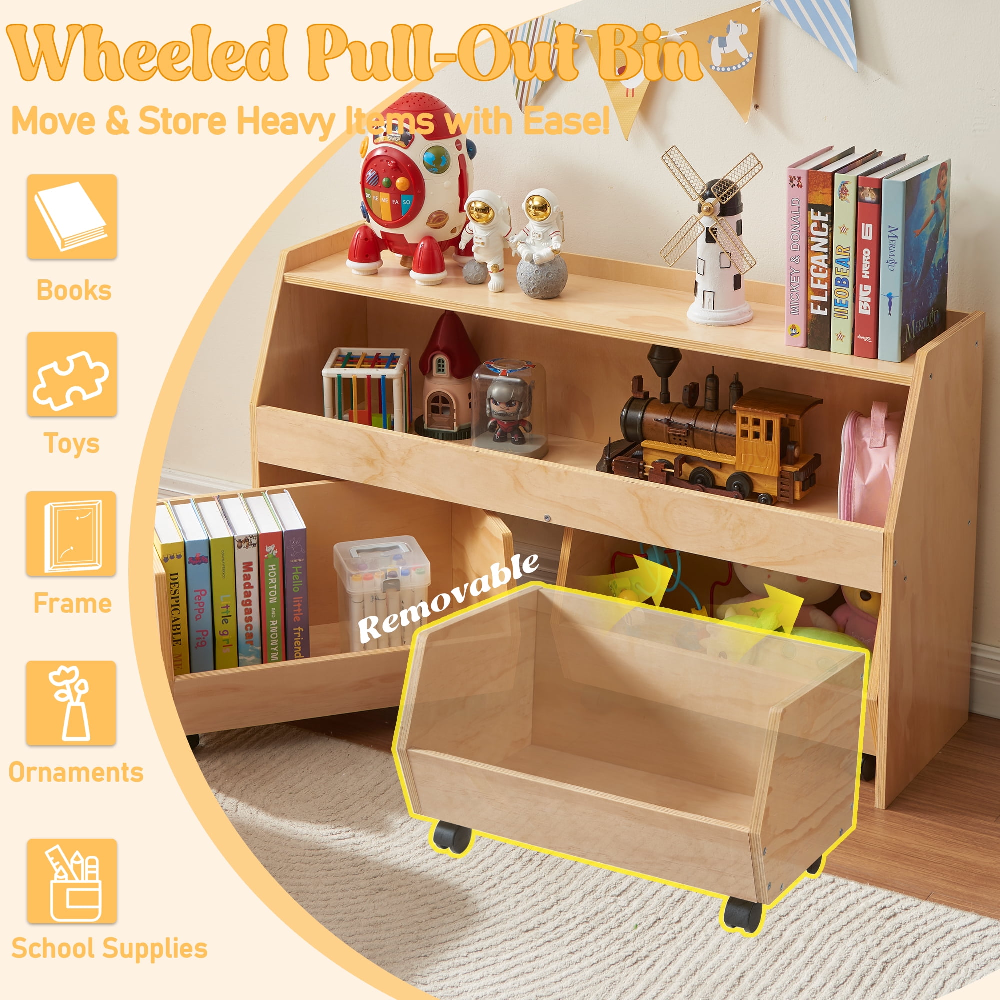 EHEY 3-in-1 Kids Toy Storage Organizer with 2 Pull-Out Drawers, 2-Tier Wooden Bookshelf with Wheels, 150LBS Capacity Montessori Shelf for Playroom, Nursery