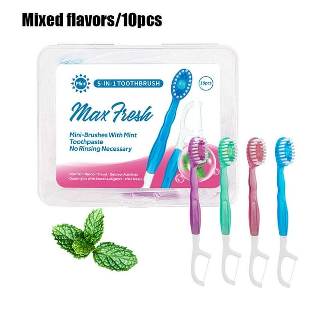 Disposable Toothbrushes with Toothpaste, 5-in-1 Tool(Mini Toothbrush & Floss & Tongue Scraper & Toothpick Set) with Bursting BeadPortable Oral Care for Home&All in-One Oral Care on The Go