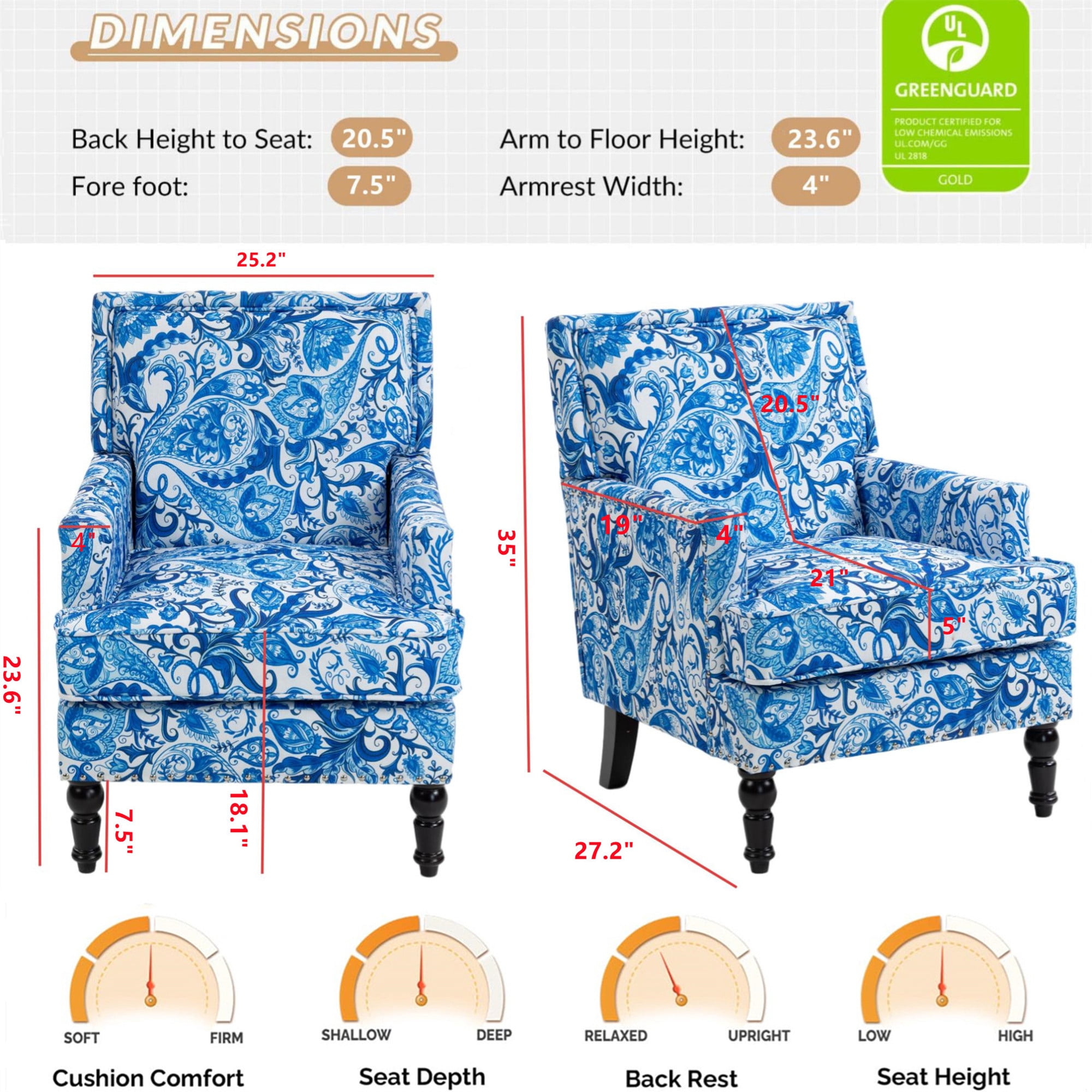 Aukfa Accent Chair Mid-Century Modern High Back Armchair Lounge for Living Room, Rivet Trim, Blue-and-White Porcelain Pattern