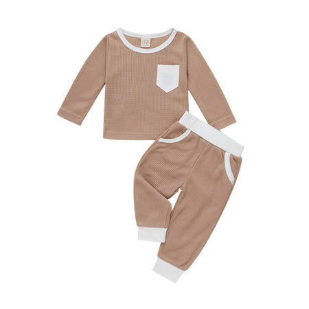 

Frobukio 2Pcs Kids Baby Boys Girls Tracksuits Waffle Stitching Long Sleeves Sweatshirt Elastic Waist Pants Khaki 6-9 Months