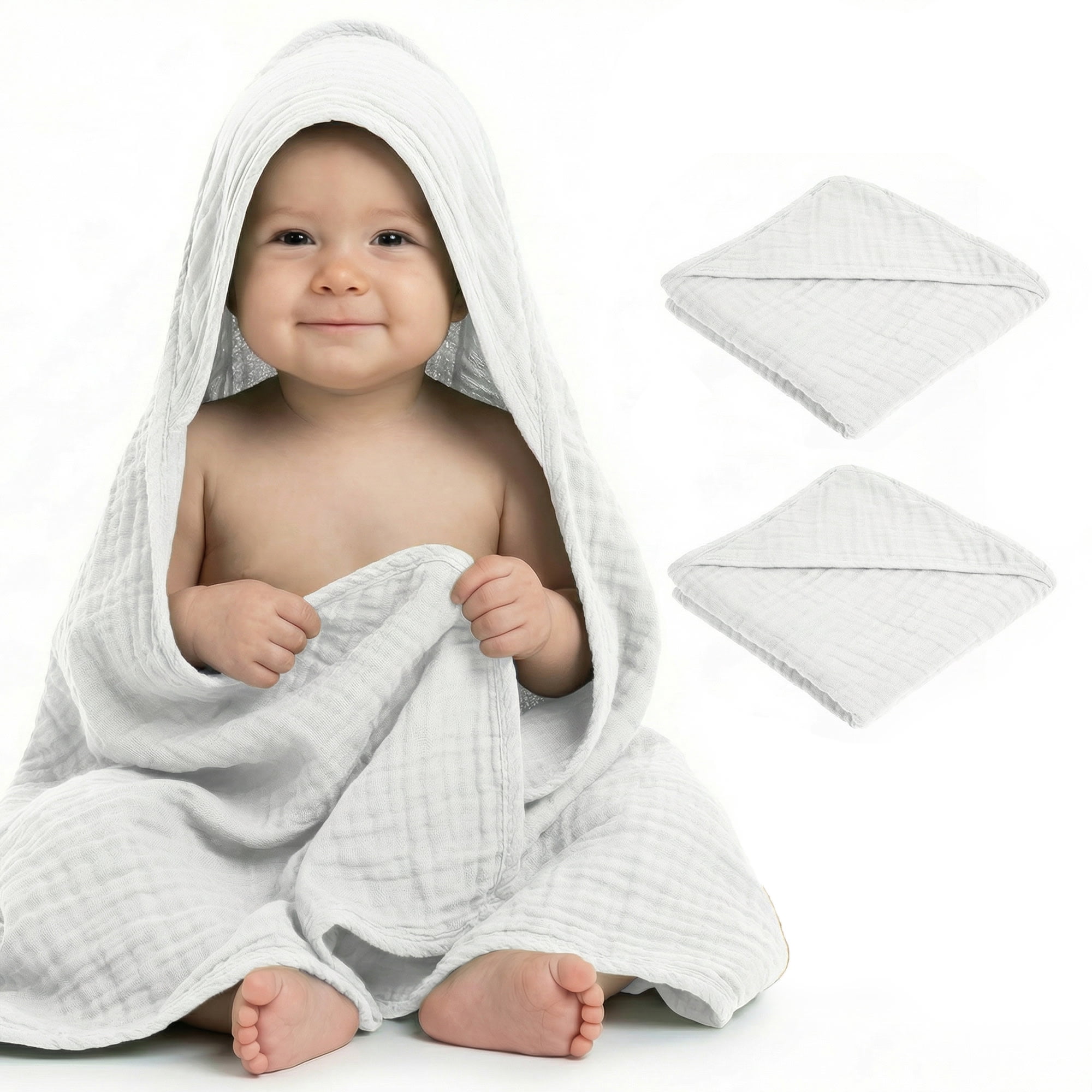 Mère & Moi: Muslin Hooded Baby Bath Towel – 2 Pack, White - 30", Ultra Soft Cotton, Absorbent, Quick-Dry, Oeko-TEX, Pool-Water, Newborn-Toddler Care