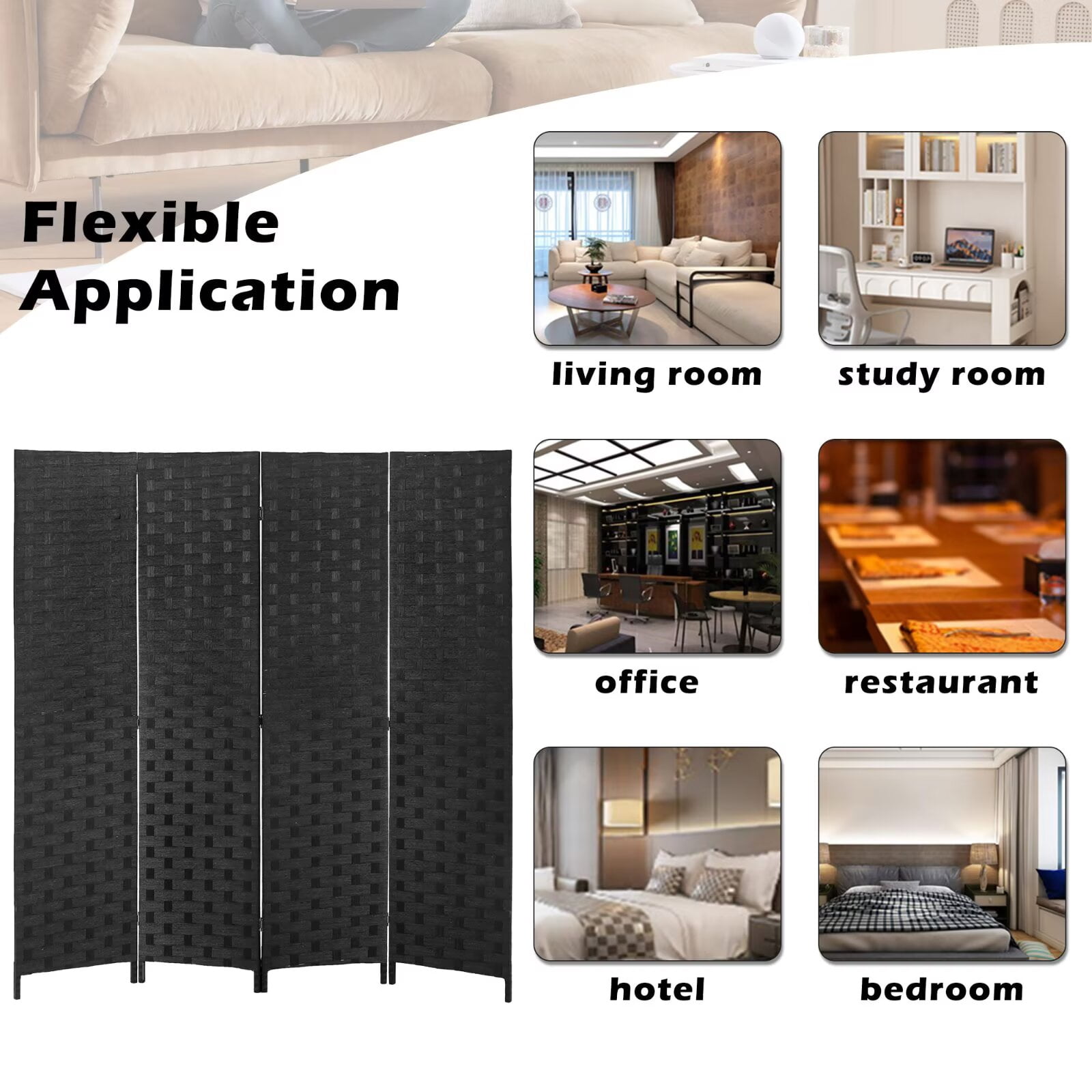 4 Panel Room Dividers Foldable Privacy Screen Decorative Indoor Screen 6TF Wooden Office Dividers Partition Wall for Home, Office, Bedroom, Black
