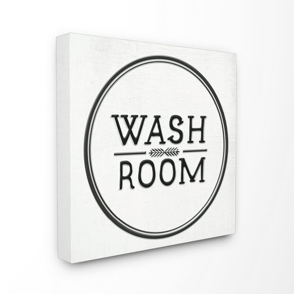 The Stupell Home Decor Collection Wash Room Black and White Faux Aluminum Sign Look Typography Stretched Canvas Wall Art, 30 x 30