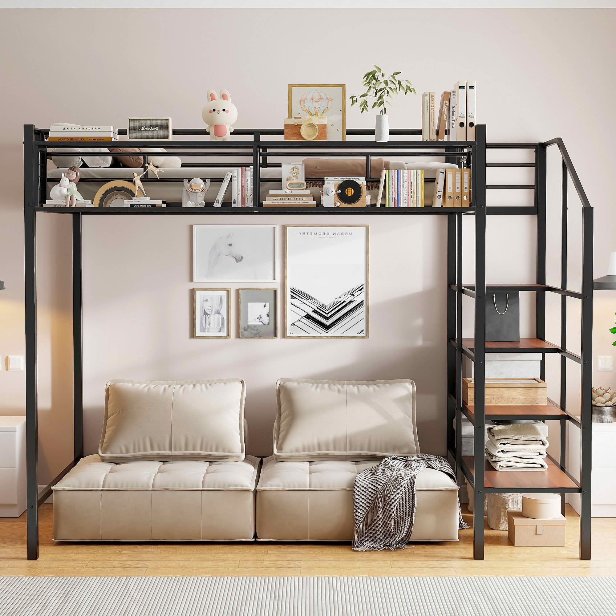 MAYEERTY Chrome Finish Metal Loft Bed with 4-Tier Ladder Shelves and Top Storage Grid, Sturdy Space-Saving Bed Frame No Box Spring Required