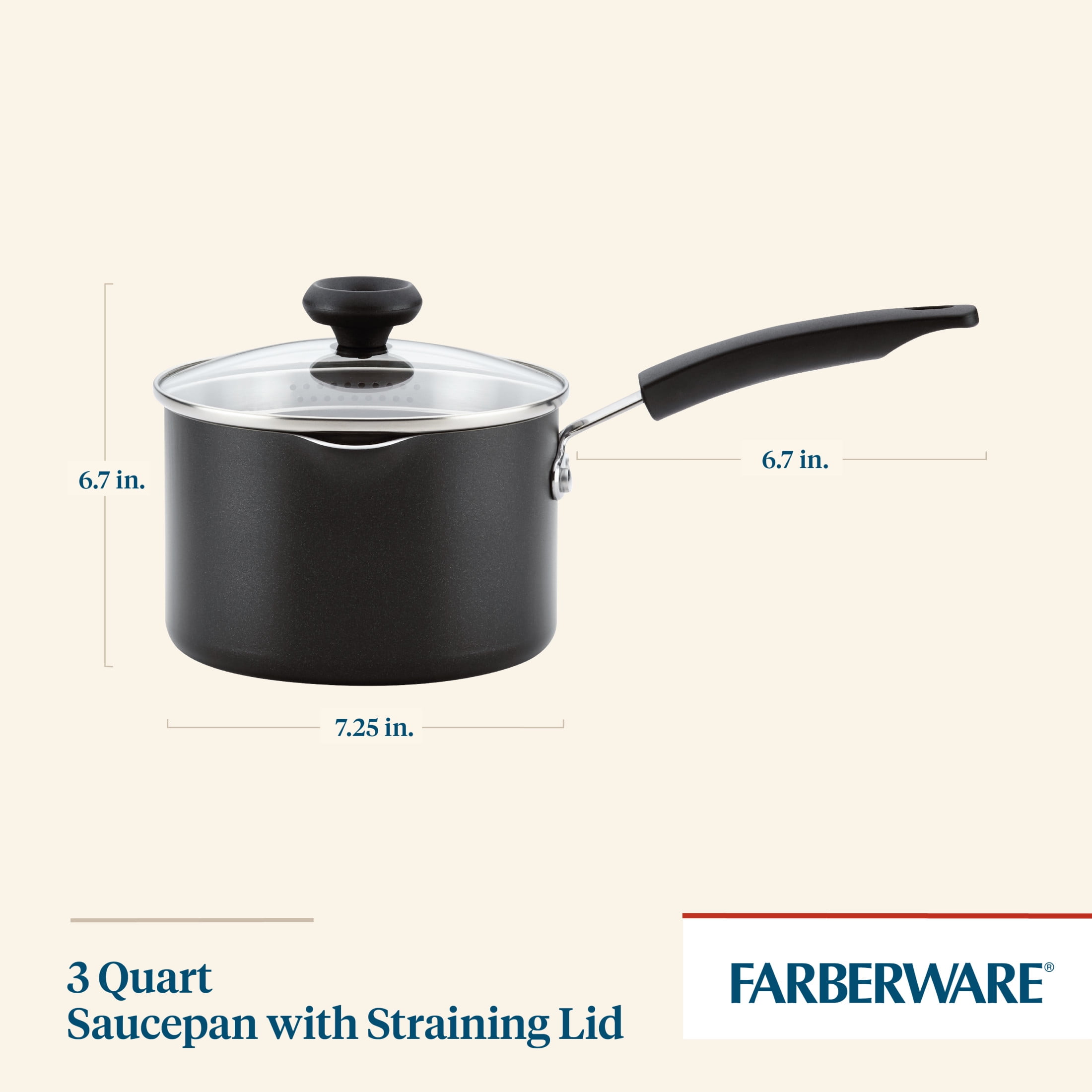 Farberware Easy Clean 3 qt Nonstick Straining Saucepan with Pouring Spout, Lid, Dishwasher Safe, Black