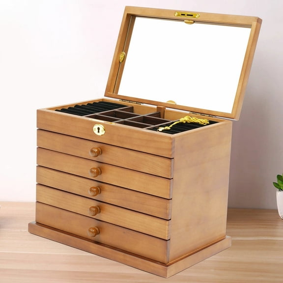Large Carved 6 Layers Wooden Jewelry Box Jewelry Case Cabinet Armoire Ring Necklacel Gift Storage Box Organizer Brown 6 Layers Wooden Watch Display Storage Box Jewelry Organizer With Mirror/Lock