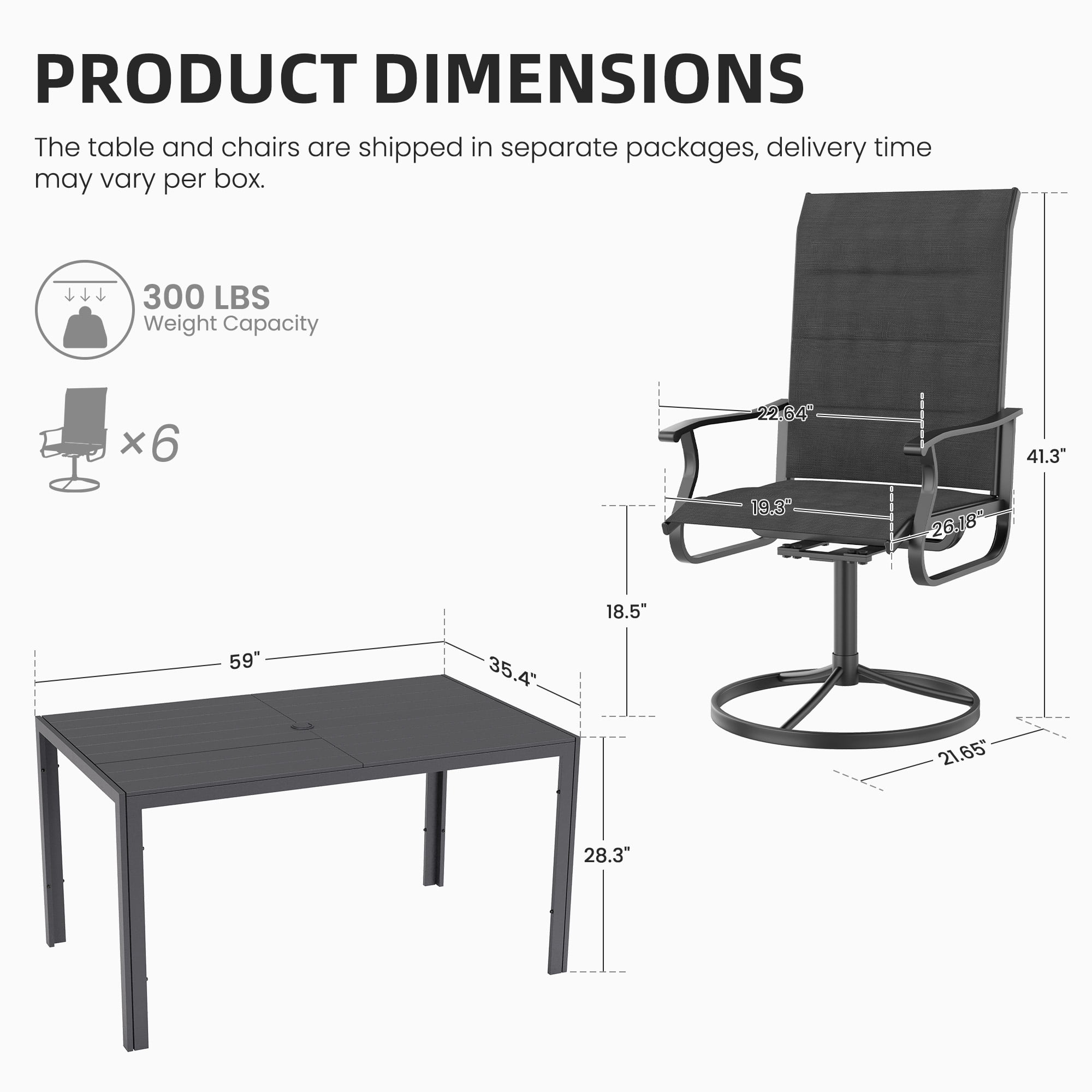 ELPOSUN 7 Piece Outdoor Patio Dining Set Swivel High Back Padded Textilene Chairs and Rectangle Table Furniture Set,Black