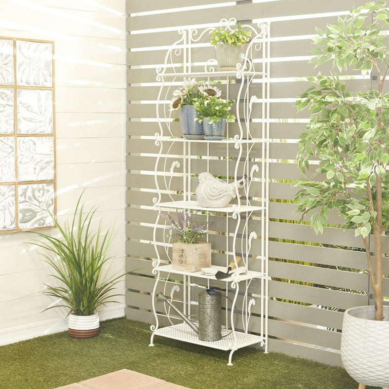 DecMode 24 x 73 White Metal Scroll Indoor Outdoor Tall Folding 5 Shelves Bakers Rack 1 Piece Walmart