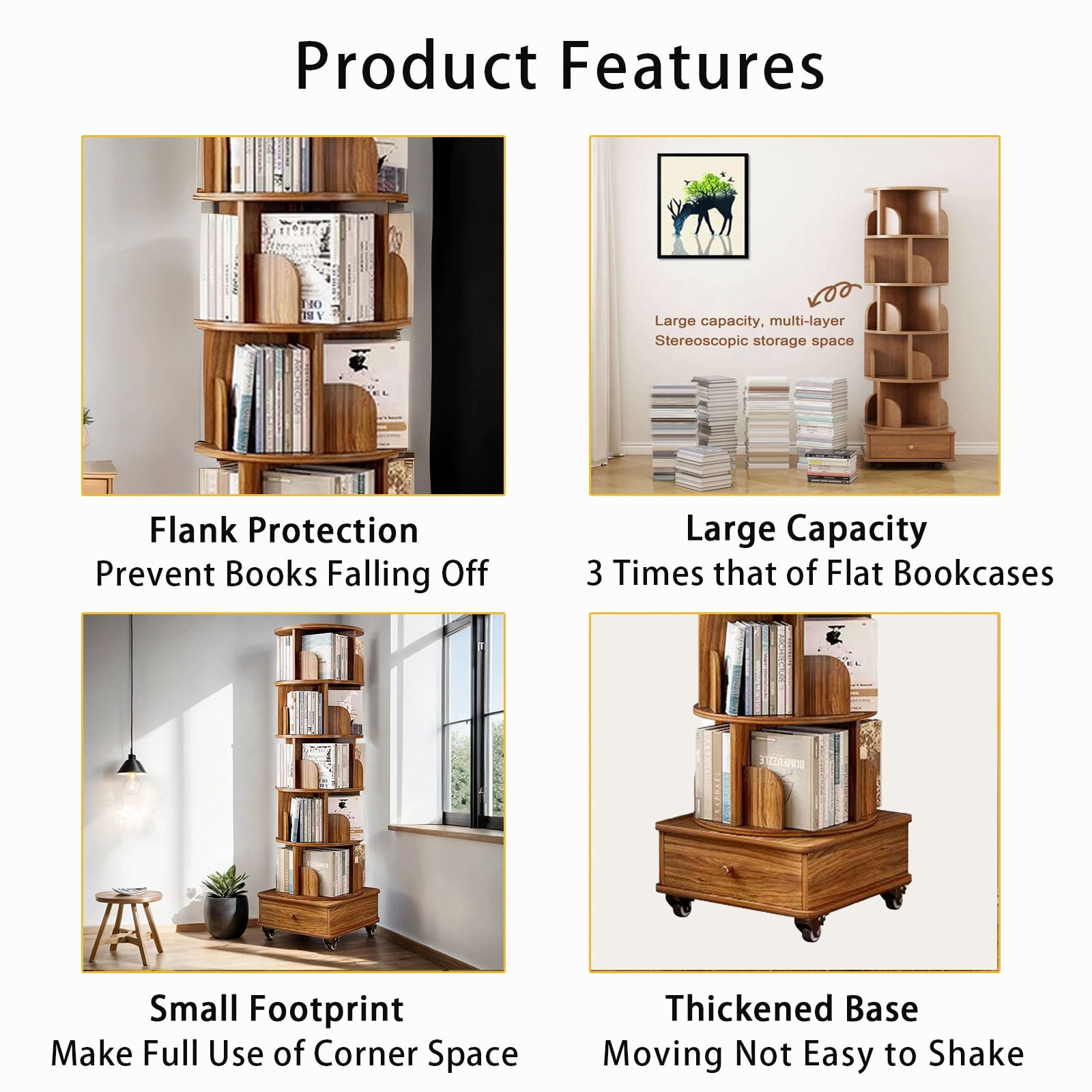Rotating Bookshelf, 360° Display Round Rolling Bookshelf with Wheels and Drawer, Space-Saving, Small Space Rotating Bookshelf Tower for Bedroom, Living Room, Home, Office, Rustic Brown