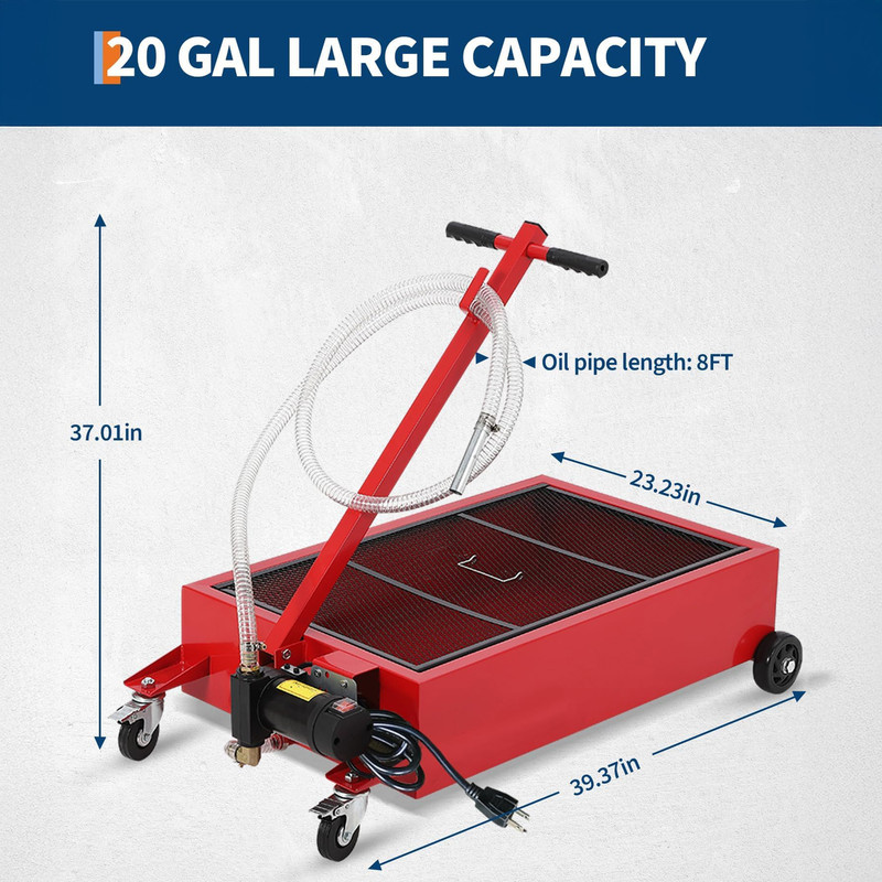 Low Profile 110V Oil Drain Pan, 20-Gallon Metal Oil Change Pan Cart with 180W Electric Pump, 8-Foot Hose,Folding Handle Design for Cars, SUVs, Trucks
