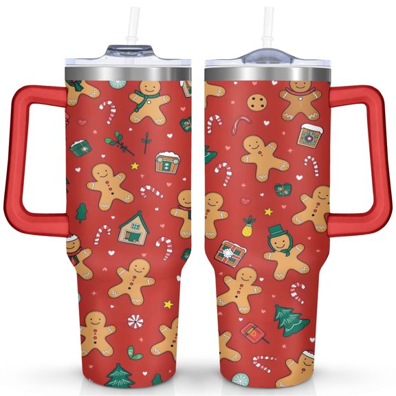 Christmas Gingerbread 40 Oz Tumbler with Handle Lid and Straw, Stainless Steel Double Walled Vacuum Insulated Cup, Cute Anniversary Wedding Birthday Gifts Tumbler for Women Men Friends Outdoor Indoor