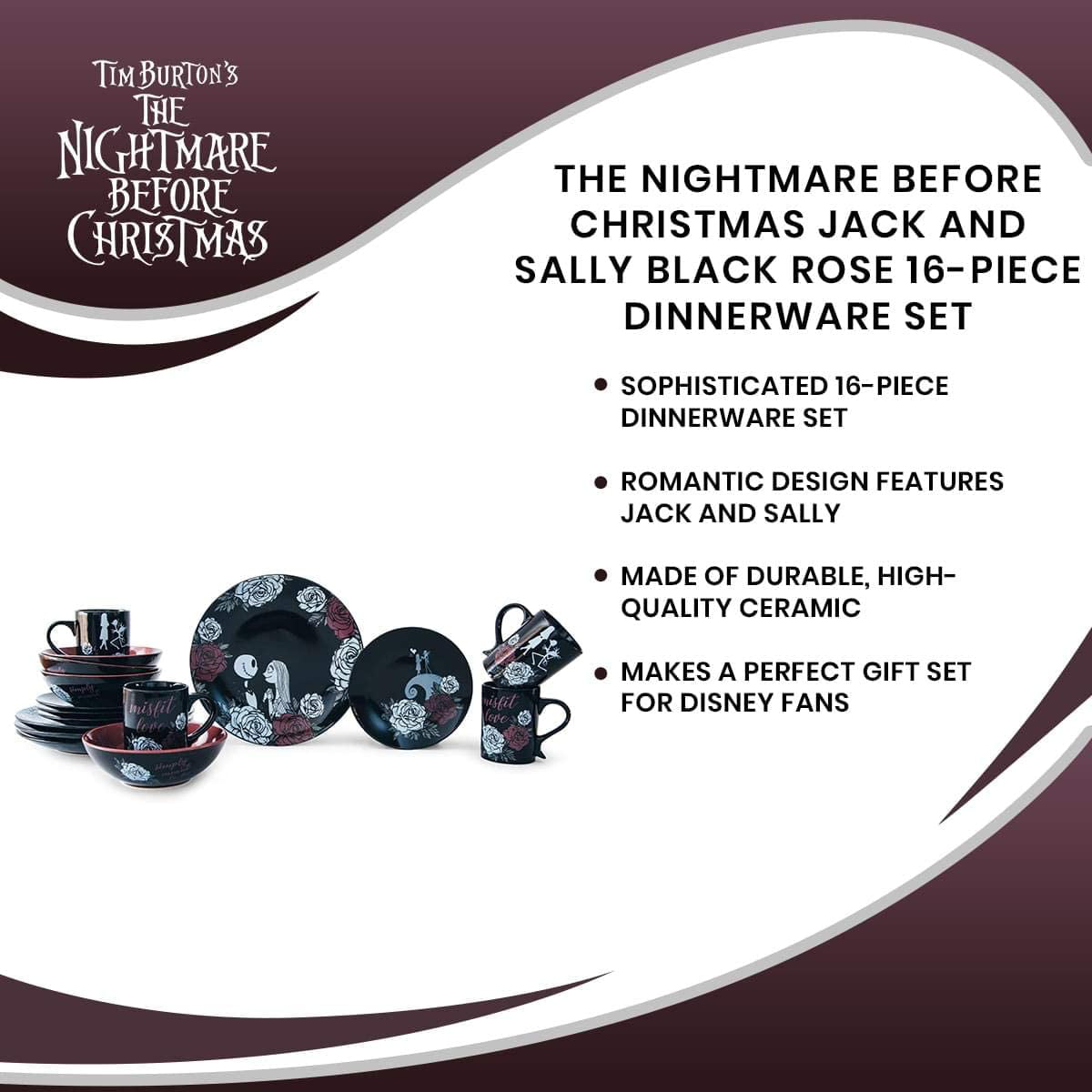 Underground Toys The Nightmare Before Christmas Jack and Sally Black Rose Wedding 16-Piece Dinnerware Set Place Setting for 4 Mugs Soup Bowls Includes Dinner and Salad Plates