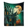 thumbnail image 1 of Halloween Soft Flannel Fleece Blanket, Haunted Medieval Cartoon Style Bats in Twilight Gothic Fiction Spooky Art Print, Cozy Plush for Indoor and Outdoor Use, 60" x 80", Orange Teal, by Ambesonne, 1 of 6