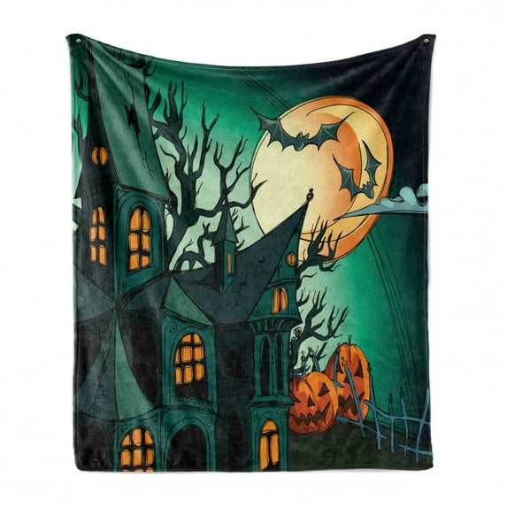 Halloween Soft Flannel Fleece Blanket, Haunted Medieval Cartoon Style Bats in Twilight Gothic Fiction Spooky Art Print, Cozy Plush for Indoor and Outdoor Use, 60" x 80", Orange Teal, by Ambesonne