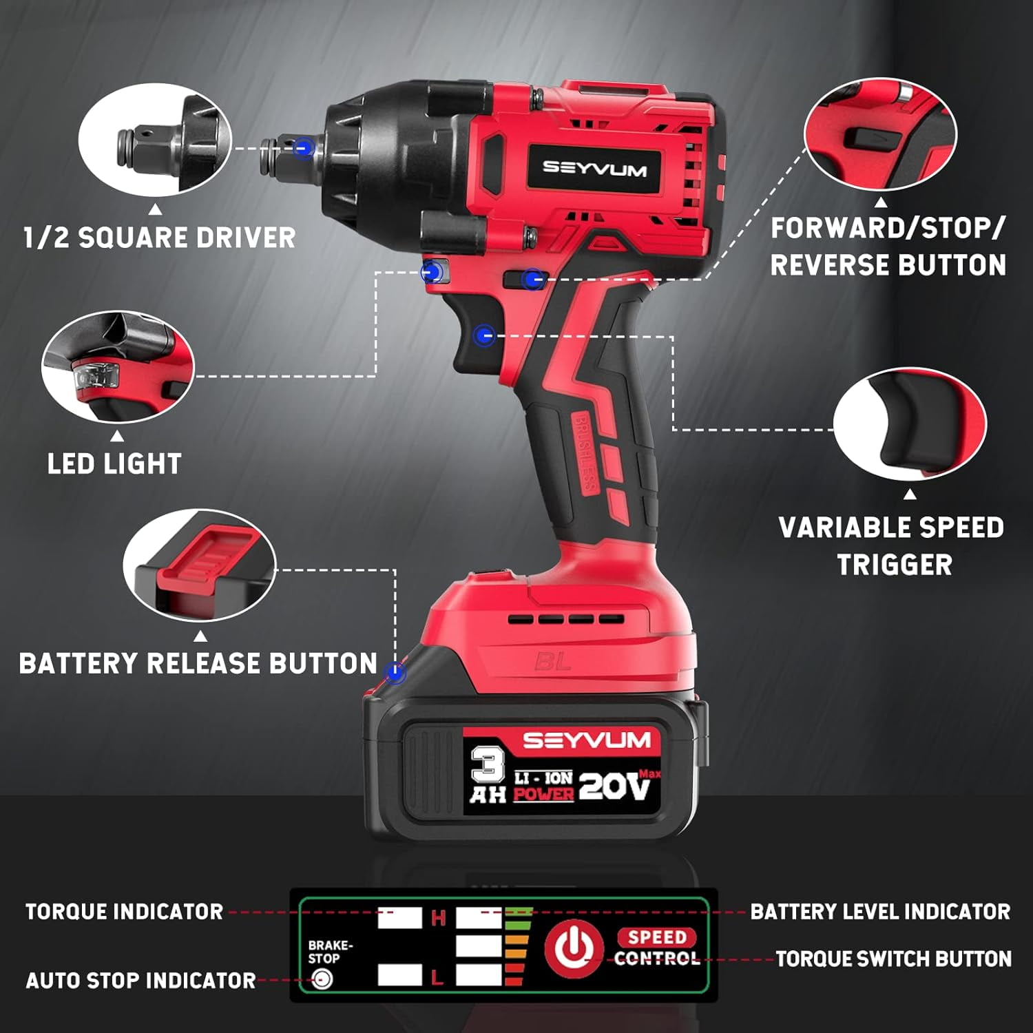 SEYVUM 20V, 1/2" Cordless Impact Wrench, Max Torque 320 Ft-lbs, 3.0Ah Li-ion Battery