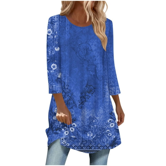 successthop Womens Shirt Curved Hem 3/4 Sleeve Tunic Top Long Crewneck T Shirt Vintage Floral Fall Winter Clothes Blue S