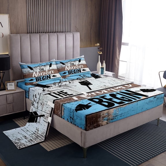 Erosebridal Adventure Theme Sheet Set Twin,Black Blue Bedding Sets Twin Size,Happy Camping Twin Sheet Sets,Breathable Lodge Room Decor,3pcs