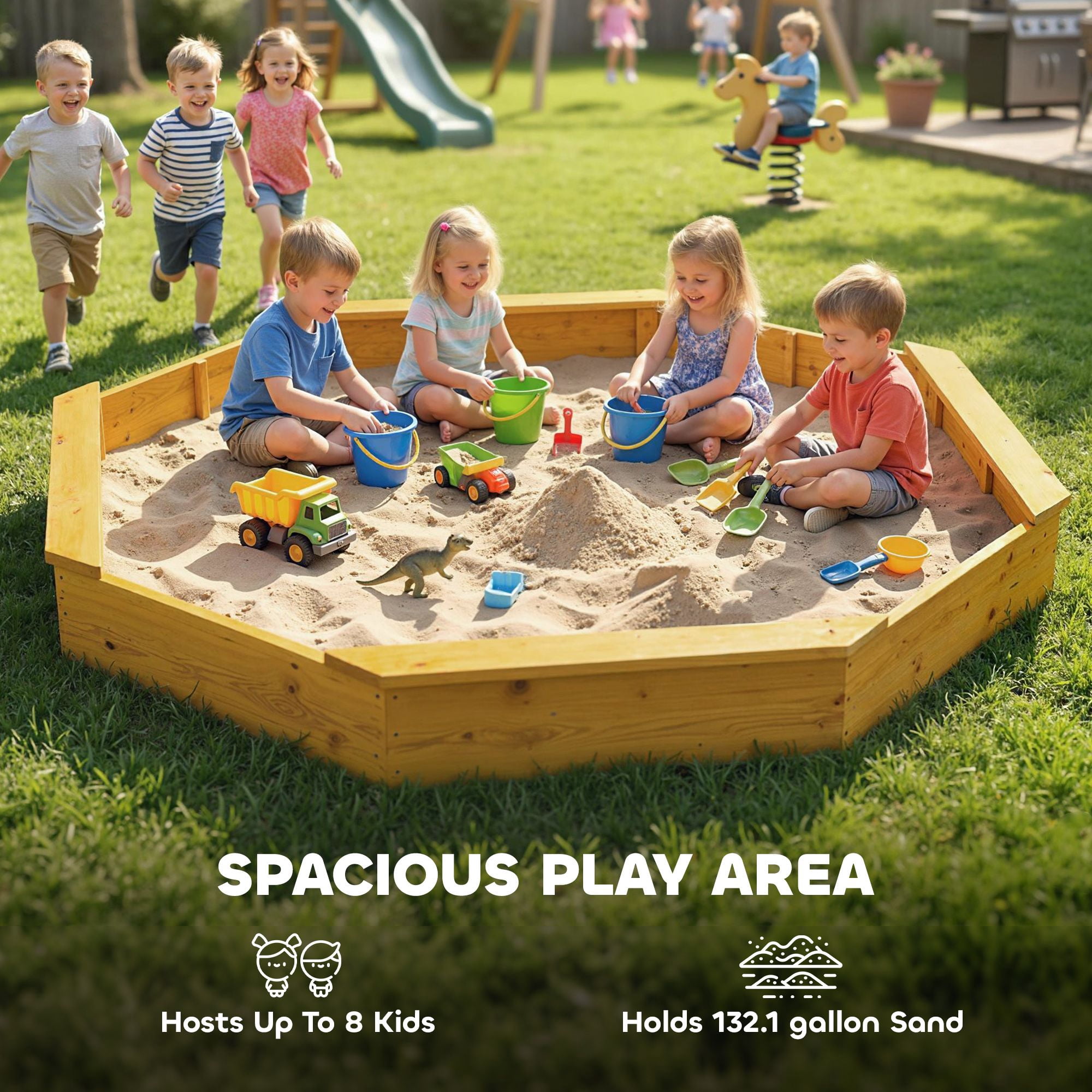 Octagonal Fir Wood Kids Sandbox with Canopy & Bottom Liner, 84.4" Large Sand Pit with 4 Built-in Bench Seats, Holds 1892lbs Sand Outdoor Backyard Play Equipment for Ages 3-8
